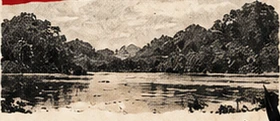 Gravura de paisagem de rio e montanhas.